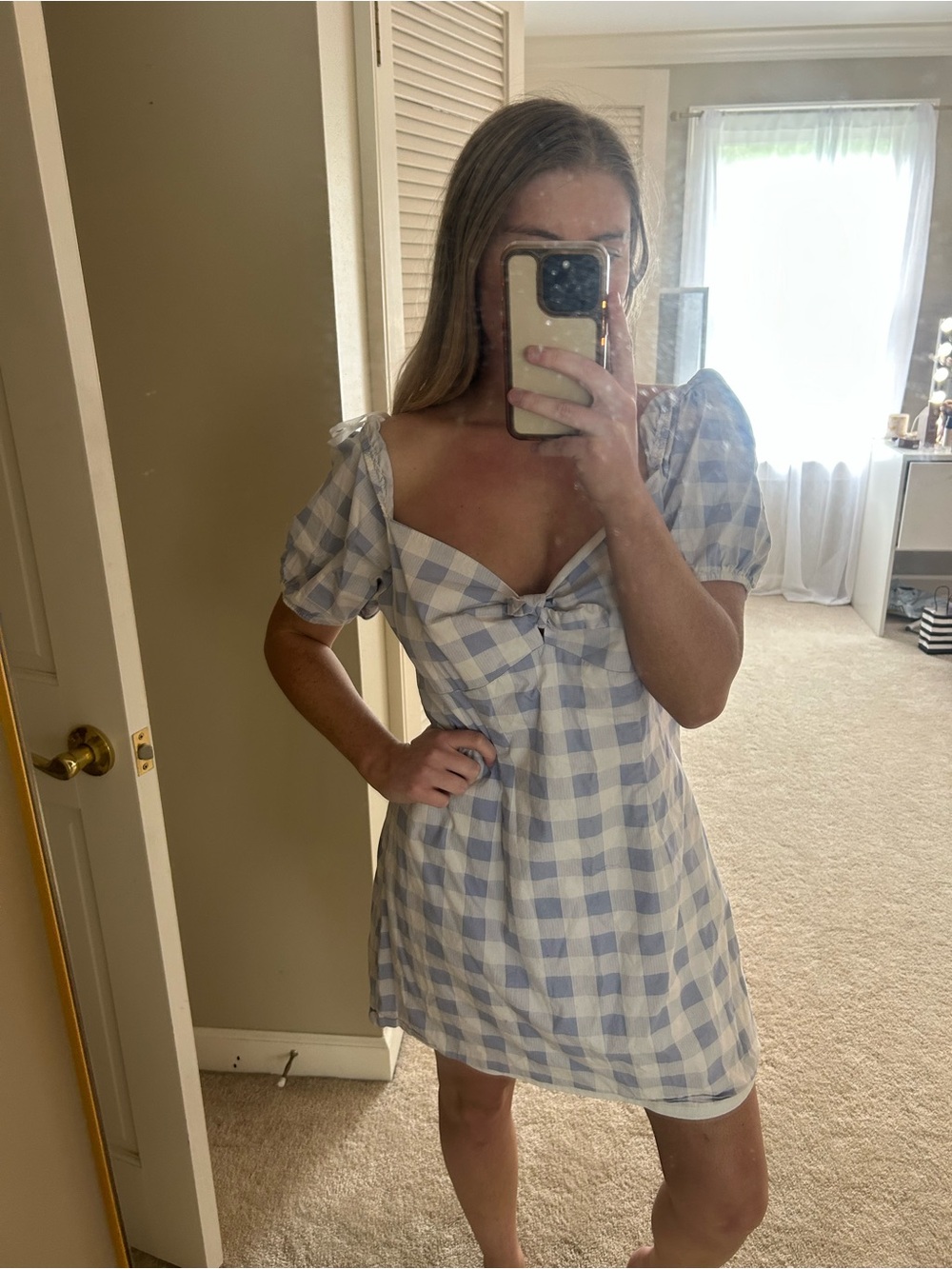 City Triangles Light Blue & White Gingham Puff Sleeve Mini Dress